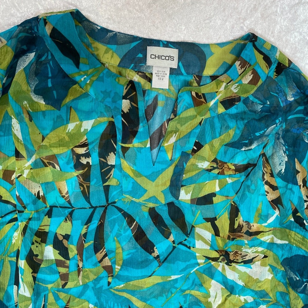 Chico's Silk Blouse Womens 2 Turquoise Blue Green EUC Tropical Sheer Chiffon Top